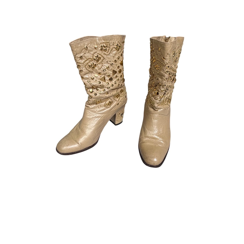 Vintage Fantasy Collection Studded Leather Slouch Boots Beige Gold Embellished